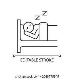 Sleep linear icon  Person sleeping soundly in bed  Commonplace day  to  day life  Healthy sleep  Thin line customizable illustration  Contour symbol  Vector isolated outline drawing  Editable stroke