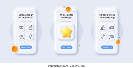 Sleep, Low percent and Petrol station line icons pack. 3d phone mockups with star. Glass smartphone screen. Call center, Market, Calendar web icon. Search, Ice cream pictogram. Vector