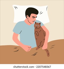 Sleep of man with cute cat asleep and lying on him. Person sleeping in bed with kitty. Flat vector illustration of guy and pet relaxing