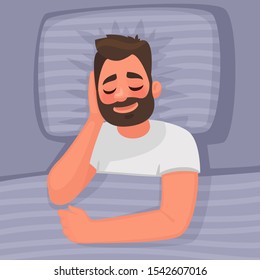 Sleep. A man is sleeping in bed. Good night. Vector illustration in cartoon style