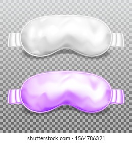 Sleep Mask Or Blindfold Flight Sleeping Accessory, Vector 3d Realistic Mockup Template. Sleep Eye Mask Or Face Cooling Compress Of Glossy White And Purple Textile On Transparent Background