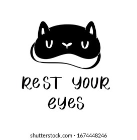 Sleep mask with calligraphy quote. Sleeping night eye accessory blindfold relax in traveling illustration lettering. Nighty set of face sleepy protection doodle asleep isolated on white background.