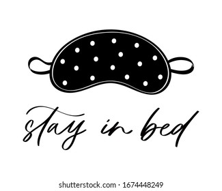 Sleep mask with calligraphy quote. Sleeping night eye accessory blindfold relax in traveling illustration lettering. Nighty set of face sleepy protection doodle asleep isolated on white background.