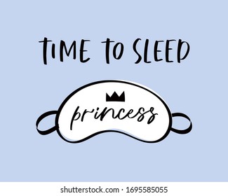 Sleep mask with calligraphy quote. Sleeping night eye accessory blindfold relax in traveling illustration lettering. Nighty set of face sleepy protection doodle asleep isolated on blue background.
