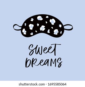 Sleep mask with calligraphy quote. Sleeping night eye accessory blindfold relax in traveling illustration lettering. Nighty set of face sleepy protection doodle asleep isolated on blue background.