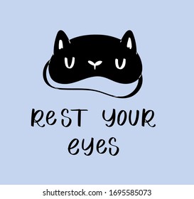 Sleep mask with calligraphy quote. Sleeping night eye accessory blindfold relax in traveling illustration lettering. Nighty set of face sleepy protection doodle asleep isolated on blue background.