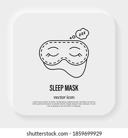 Máscara de sueño con los ojos cerrados. Accesorio para descanso, viajes, para la prevención del insomnio. Icono de línea delgada. Ilustración vectorial.