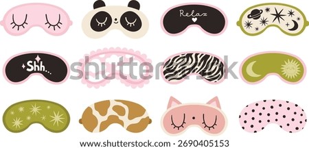 Sleep mask. Different sleeping masks for comfortable sleeping with lettering relax, shh... Trendy cute dopamine masks set, modern collection. For social media, stickers, design.