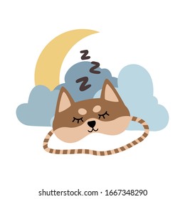 Sleep mask dog zzz icon vector illustration. Eye covering mask for sleeping, flat symbol. Blindfold sleep mask sign with animal, clouds and moon isolated on a white background. EPS 10