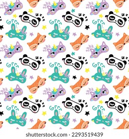 Sleep mask in the form of cute animal faces, fox, rabbit and unicorn. Seamless pattern. Vector.