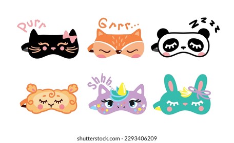 Sleep mask, in the form of a muzzle of cute animals. Set of stickers. Vector.