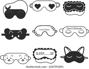 Juego de iconos de máscara de sueño, conjunto de iconos de vendas de ojos vector negro