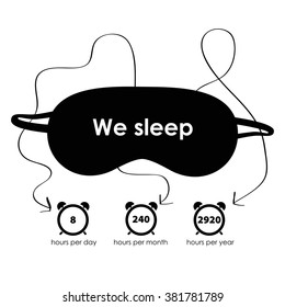 Sleep mask iinfographics/ Black sleep mask  on a white background with clock for sleeping