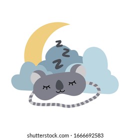 Sleep mask koala bear zzz icon vector illustration. Eye covering mask for sleeping, flat symbol. Blindfold sleep mask sign with animal, clouds and moon isolated on a white background. EPS 10