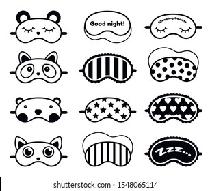 Sleep mask line art vector illustrations set. Sleeping accessory objects outline drawing collection. Fabric masks for eyes with animal faces isolated on white background. Sleepwear items collection