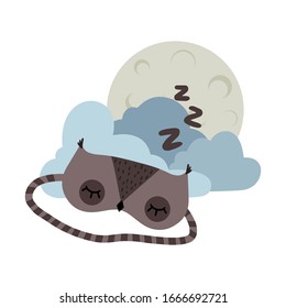 Sleep mask owl zzz icon vector illustration. Eye covering mask for sleeping, flat symbol. Blindfold sleep mask sign with animal, clouds and full moon isolated on a white background. EPS 10