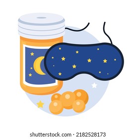 Sleep mask with pills. Medicine to fight insomnia, medical poster or website. Mental health and psychology. Bedroom accessories. Comfort and coziness at night. Cartoon flat vector illustration
