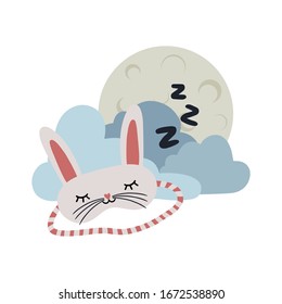 Sleep mask rabbit zzz icon vector illustration. Eye covering mask for sleeping, flat symbol. Blindfold sleep mask sign with animal, clouds and full moon isolated on a white background. EPS 10