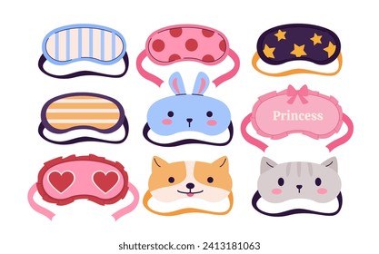 Sleep mask set. Accessories for sleeping, dream and rest. Pink, blue and black clothes. Recuperation with comfort. Cozy items. Cartoon flat vector collection isolated on white background