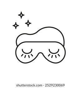 Sleep Mask with Stars Line Icon. Restful Night and Dreaming Outline Symbol. Eye Mask for Sleeping. Nighttime Comfort. Editable Stroke. Isolated Vector Illustration.