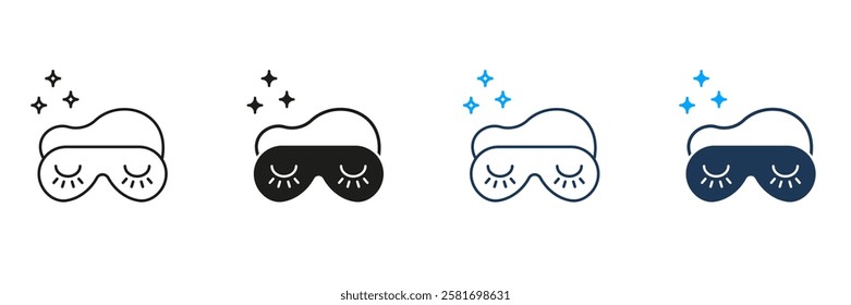 Sleep Mask with Stars Line and Silhouette Icon Set. Restful Night and Dreaming Symbol. Eye Mask for Sleeping. Nighttime Comfort. Editable Stroke. Isolated Vector Illustration.