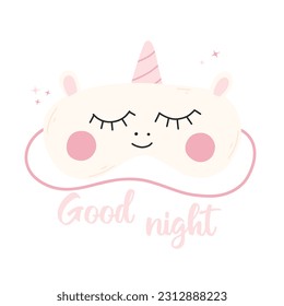Sleep mask unicorn. Lettering time to sleep. Vector illustration. Flat style. Kids lettering.