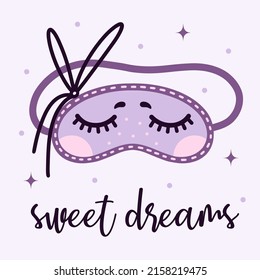 Sleep mask vector icon. Cute night wear with painted closed eyes, eyelashes. Cozy accessory for evening relaxation, dreams. Flat cartoon style, hand drawn doodle. Eye rest mask