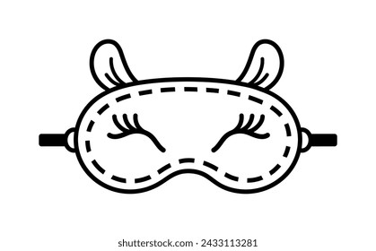 Sleep mask vector icon. Cute fabric accessory with closed eyes, eyelashes, ears. Dressing for dreams, relaxation, slumber. Hand drawn doodle, black and white sketch. Funny clipart for print, web