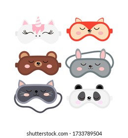 Sleep masks with cute animal faces set. Eye protection wear accessory - unicorn panda bear fox cat bunny. Relaxation blindfolds isolated on white background. Eye cover flat design vector illustration.