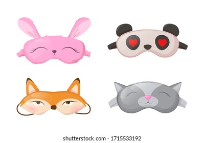 Sleep masks different shapes. Masks for good sound sleep in form of animals foxes cat bear rabbit. Eye protection accessories and prevention of healthy sleep vector illustration