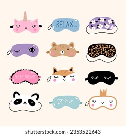 Sleep masks icon set. Blindfold classic and animal shaped - unicorn, bear, fox, panda. Vector illustration
