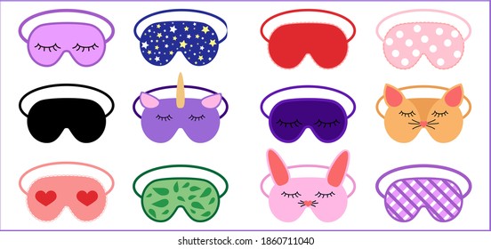 Sleep masks icon set in flat style. Eye protection wear accessory collection. Cartoon relaxation blindfolds vector illustration isolated on white background