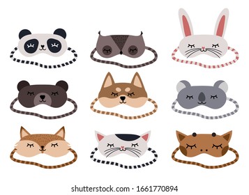 Sleep masks icons vector set. Eye covering mask for sleeping human, flat symbols collection. Blindfold sleep mask sign with animals. Giraffe, Koala, Rabbit, Cat, Dog, Owl, Fox, Bear, Panda. EPS 10