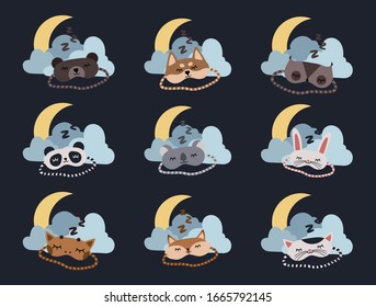 Sleep masks icons zzz vector set. Eye covering mask for sleeping, flat symbols collection with animals, clouds and moon. Giraffe, Koala, Rabbit, Cat, Dog, Owl, Fox, Bear, Panda. EPS 10 format