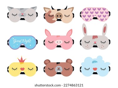 Máscaras de sueño. Máscara nocturna con ojos lindos, citas del sueño, caras de cerdo, oso y gato. Máscara animal de dibujos animados para conjunto de vector de impresión pajama. Elementos de ropa de noche para el descanso y la relajación