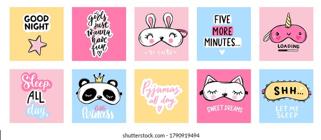 Sleep masks and quotes. Vector cards collection. Blindfold classic and animal shaped - unicorn, cat, rabbit, panda. Cute eyemasks. Cards, baby room posters, pajama party. Kawaii illustration.