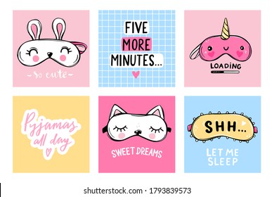 Sleep masks and quotes. Vector cards collection. Blindfold classic and animal shaped - unicorn, cat, rabbit. Cute eyemasks. Cards, baby room posters, pajama party. Kawaii illustration.