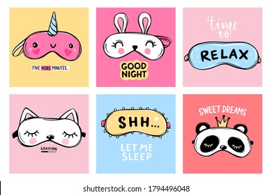 Sleep masks and quotes. Vector cards collection. Blindfold classic and animal shaped - cat, rabbit, panda, unicorn. Cute eyemasks. Cards, baby room posters, pajama party. Kawaii illustration.