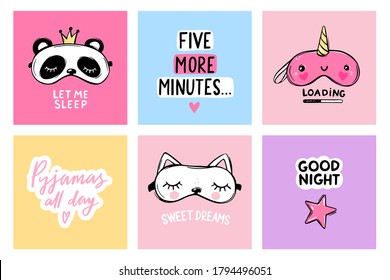 Sleep masks and quotes. Vector cards collection. Blindfold classic and animal shaped - cat, panda, unicorn. Cute eyemasks. Cards, baby room posters, pajama party. Kawaii illustration.