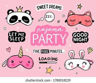 Sleep masks and quotes vector set. Lettering phrases good night, sweet dreams, sleep all day. Blindfold classic and animal shaped - unicorn, cat, rabbit, panda. Eyemasks cute stickers collection.