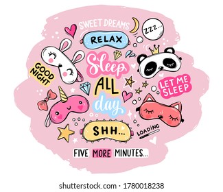 Sleep masks and quotes vector set. Lettering phrases good night, sweet dreams, sleep all day. Blindfold classic and animal shaped - unicorn, cat, rabbit, panda. Eyemasks cute stickers collection.