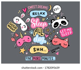 Sleep masks and quotes vector set. Lettering phrases good night, sweet dreams, sleep all day. Blindfold classic and animal shaped - unicorn, cat, rabbit, panda. Eyemasks cute stickers collection.