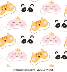 Sleep masks seamless pattern. Flat style. Vector illustration. Printed with cute sleep masks. Sleep mask with panda, cat and princess.