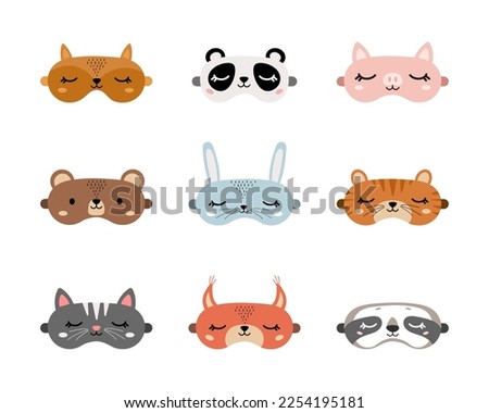 Sleep masks set with cute animals. Eye protection accessories. Nightwear for sleeping, dreaming and relaxation. Funny pajama elements. Vector illustration in flat cartoon style.
