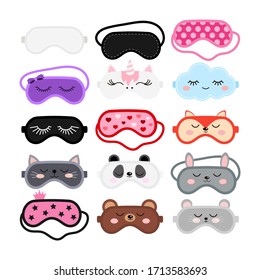 Sleep masks set. Eye protection wear accessory collection - cute animal faces, pink, black color. Relaxation blindfolds isolated on white background. Eye cover flat design cartoon vector illustration.