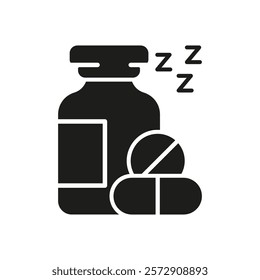 Sleep Medication Bottle And Pills Silhouette Icon. Nighttime Medicine With ZZZ Glyph Symbol. Nighttime Remedy. Isolated Vector Illustration.