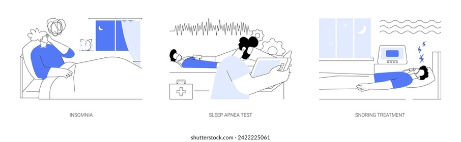 Sleep medicine abstract concept vector illustration set. Insomnia, obstructive sleep apnea test, snoring treatment, sleeplessness disorder, restless night, breathing monitor abstract metaphor.