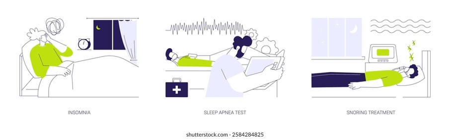 Sleep medicine abstract concept vector illustration set. Insomnia, obstructive sleep apnea test, snoring treatment, sleeplessness disorder, restless night, breathing monitor abstract metaphor.