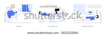 Sleep medicine abstract concept vector illustration set. Insomnia, obstructive sleep apnea test, snoring treatment, sleeplessness disorder, restless night, breathing monitor abstract metaphor.