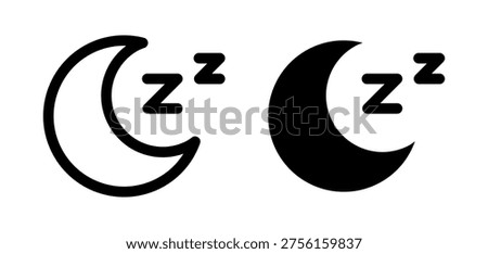 Sleep mode icon with crescent moon and Z symbols. Night, rest and relaxation concept. Sleeping sign for bedtime, calm and quiet state. Black and white vector illustration.